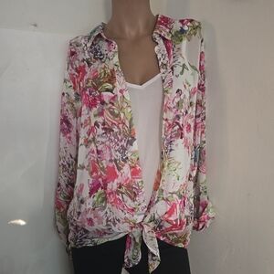 Womens Floral Button Down Layered Blouse Size Large Petite NWT